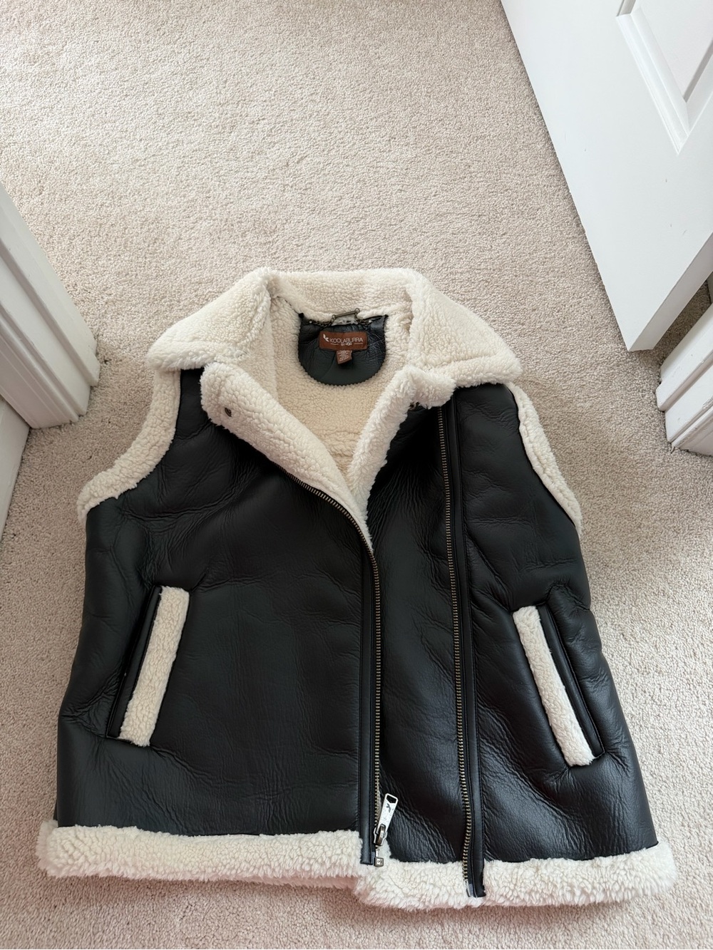 Koolaburra Black Faux-Leather Sherpa Vest with Cream Trim